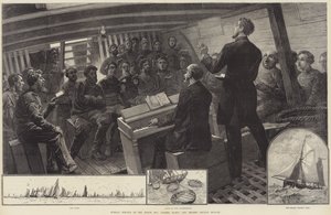 Kuzey Denizi Balıkçılık Filosunda Pazar Ayini, Thames Kilisesi Misyonu (gravür) by English School