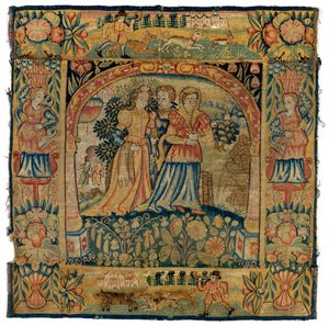 Susannah'nın banyoya giderken tasvir edildiği goblen yastık kılıfı, 1600'den sonra İngiltere'nin Sheldon kentinde yapılmıştır (yün) by English School