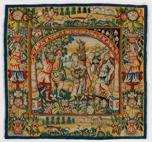 The Stoneing of Elders'ı (47.9 ila 47.14'ten oluşan altı Sheldon Goblen setinden biri) tasvir eden goblen minder kılıfı, eğer gerçekse Sheldon, İngiltere'de yapılmıştır. by English School