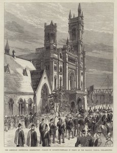 Amerikan Yüzüncü Yıl Kutlaması, Masonik Tapınağın Önünde Tapınak Şövalyeleri Geçidi, Philadelphia (gravür) by English School