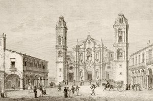 Havana, Küba'daki Katedral (litho) by English School