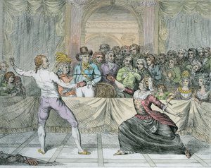Bir eskrim maçında bir kadın gibi giyinmiş Chevalier dEon (daha sonra renklendirme) by English School