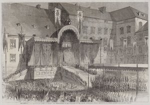 Prusya Kralı ve Kraliçesinin taç giyme töreni, Schloss Avlusunda Bildiri, Königsberg (gravür) by English School