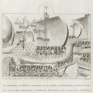 Cenevizlilerin Yalvarışında Diğer İngiliz ve Fransız Şövalyeleri ile Baş Genel olarak Duke de Bourbon tarafından üstlenilen Afrika Seferi by English School