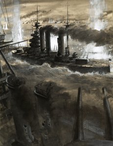 Aslan, Jutland Muharebesi sırasında Alman filosuna doğru dönüyor by English School