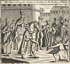 Papa biniyor, İmparator dizginini tutuyor, önünde yürüyen krallar, John Foxe