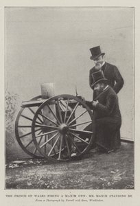 Galler Prensi bir Maxim Gun ateşliyor, Bay Maxim bekliyor (gravür) by English School