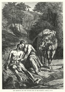 Samaritan ve Yol Kenarındaki Yaralı Adam, Luke X, 30-35 (gravür) by English School