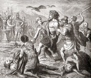 Efsanevi bir dev ve Tötonların kralı olan Teutobochus'un Ward and Lock's Illustrated History of the World, pub'dan yakalanması. 1882 dolayları by English School