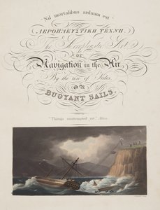 "Henüz denenen şeyler" , Milton, "The Aeropleustic Art, or Navigation by the Use of Kites or Buoyant Sails, yayın. 1827 (el renginde aquatint)" adlı eserin ön sayfası by English School