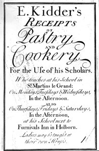 E. Kidders Pastacılık ve Aşçılık Makbuzları için Başlık Sayfası, Edward Kidder tarafından yayınlandı, c.1730 by English School