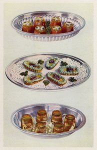Domates Kremaları; Hamsi Gondolları; Aspic#39;te karides (renkli litho) by English School
