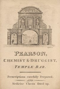 Pearson, kimyager ve eczacı, Temple Bar, Londra için ticaret kartı (gravür) by English School