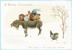 Hindi ve tavuk eşeklerin üzerinde oturuyor, Noel kartı by English School