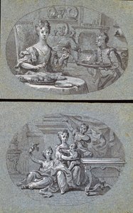 İki Ev Manzarası, c.1725 (mavi kağıt üzerine siyah beyaz tebeşir) by English School
