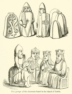 Lewis adasında bulunan iki satranç taşı grubu (gravür) by English School