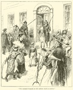 "Tam üniformalı iki atlı Kazak nöbetçi olarak duruyordu" (gravür) by English School