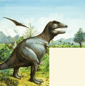 T Rex ve Pterodactyl ile tanımlanamayan dinozor sahnesi by English School