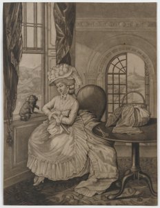 İsimsiz (pencerede oturan ve küçük bir köpeğe bakan kadın), c.1780 (mezzotint) by English School