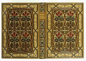 Art-Nouveau geçmeli geometrik desenlerde çiçekli üst ve alt kapaklar, 1893 by English School