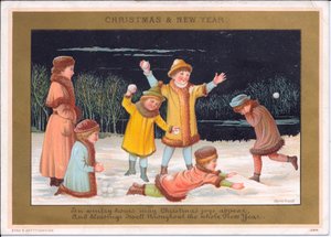 Karda oynayan ve kartopu atan çocukların Viktorya dönemine ait Noel ve Yeni Yıl kartı, 1880 dolayları (renkli taş) by English School