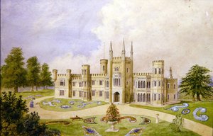 Resmi bir bahçeye sahip gotik tarzda bir kır evinin görünümü, 1840 dolayları (kağıt üzerine sulu boya) by English School