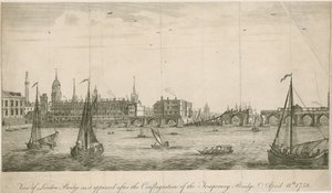 1758 yangınından sonra eski Londra Köprüsü