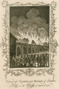 11 Nisan 1758 gecesi yanan Londra geçici köprüsünün görünümü by English School