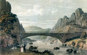 Conwy Nehri üzerindeki Waterloo Köprüsü, Galler (renkli gravür) by English School