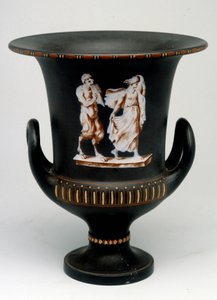 Genç bir kızı betimleyen Wedgwood vazo ve "" çini" ile boyanmış siyah seramik bir satir. İngiltere, yaklaşık 1775 - 1790. Madalya Ofisi, Paris