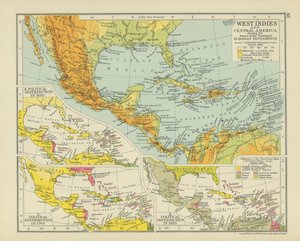 Başlıca Avrupa Yerleşimlerinin Tarihlerini Gösteren Batı Hint Adaları ve Orta Amerika (renkli taş baskı) by English School