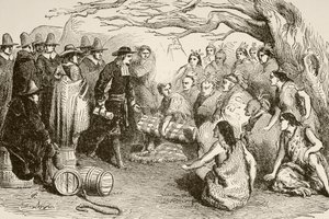 William Penn, 1682'de Delaware veya Lenape Kızılderilileriyle bir anlaşma yapar (litho) by English School