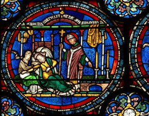 St Thomas Becket Mucizesi penceresinden bir sahneyi gösteren n4 penceresi: Julia Puintel mezara gitmesini söyledi by English School