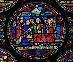 St Thomas Becket Mucizesi penceresinden bir sahneyi gösteren s6 penceresi: Gilbert de Brun (?) cenazesi by English School