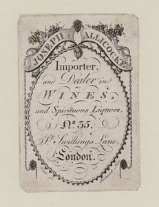 Şarap tüccarları, Joseph Allicocke, ticaret kartı by English School