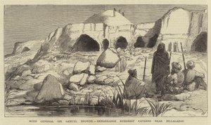 General Sir Samuel Browne ile Jellalabad yakınlarındaki olağanüstü Budist Mağaraları (gravür) by English School