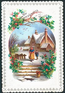 Karda yürüyen kadın ve çocuk, Noel kartı by English School