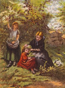 Çiçeklerle bir kızın saçını süsleyen kadın (renkli taş baskı) by English School