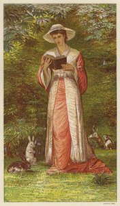 Tavşanlı bir bahçede kitap okuyan kadın (renkli taş) by English School