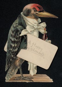 Garson veya uşak gibi giyinmiş ağaçkakan, Noel tebrik kartı (chromolitho) by English School