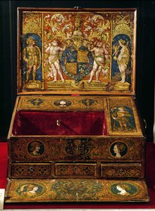 Muhtemelen Lucas Hornebolte (c.1492-1544) tarafından boyanmış yazı kutusu veya masa masası, c.1525-27 (boyalı ve yaldızlı deri ile ceviz ve meşe) by English School