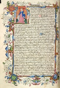 Yates Thompson 48, f.172v V. Henry'nin tarihsel baş harfi 'N'(ostre) ve Tüzüklerinin başında 'Nova Stauta'dan (parşömen) tam yapraklı bir kenarlık by English School