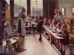 Kreşte yemek zamanında küçük çocuklar (renkli taş) by English School