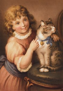 Bir kedi ile genç kız (chromolitho) by English School