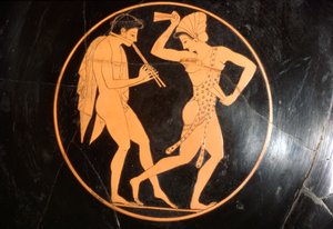 Fincan İçme, Flüt Çalan Gençlerle Dans Eden Kız Kylix, Tavan Arası, MÖ c510 by Epikektos