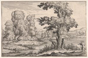 Bir nehir kenarında otlayan keçilerin olduğu manzara ve sağ ön planda bir figür, bir ser..., 1638.