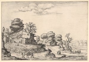 Köylü konutları ve sol ön planda bir ata önderlik eden bir adam ile manzara, ..., 1638.