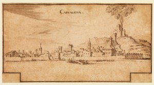 Cartagena, İspanya, 1642 dolaylarından bir görünüm (döşemiş kağıt üzerinde kalem ve kahverengi mürekkep, altta kahverengi mürekkep çerçeveleme çizgileri basılmış) by Ercole Frigoni Bazzicaluva