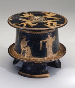 Kırmızı figürlü pyxis, Attic, MÖ c.430 (toprak çanak çömlek) by Eretria Painter Eretria Painter