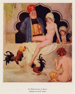 Haremde Horoz Dövüşü (suluboya) by Erich Schutz